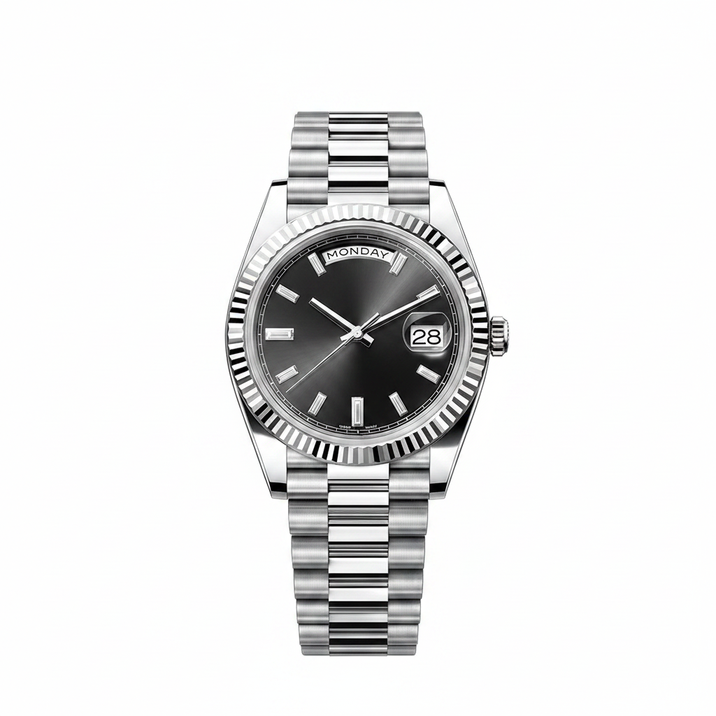 Men's Designer Watch 40MM Cal.3255 – Black Dial Diamond Markers on white background