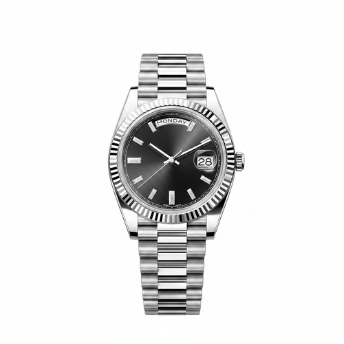 Men's Designer Watch 40MM Cal.3255 – Black Dial Diamond Markers on white background