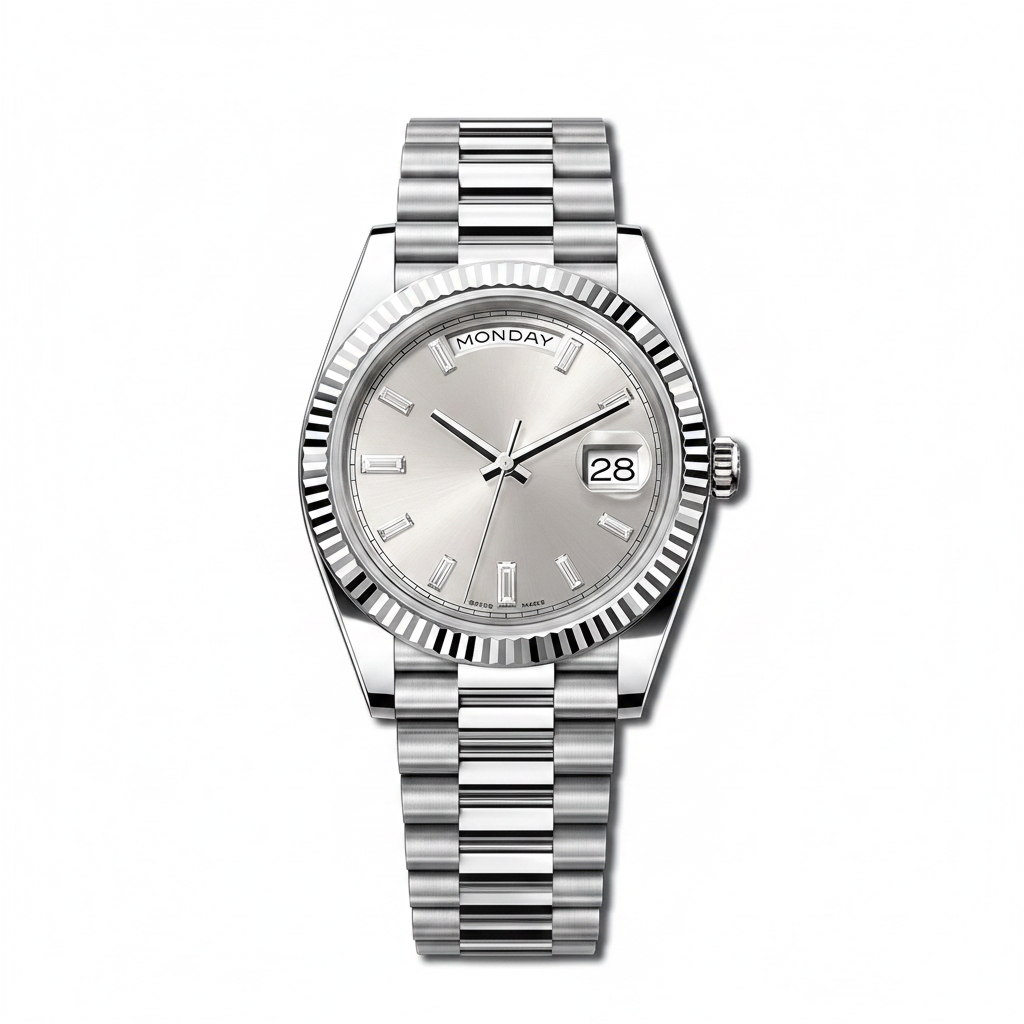 Men's Designer Watch 40MM Silver Dial Baguette Diamond Markers