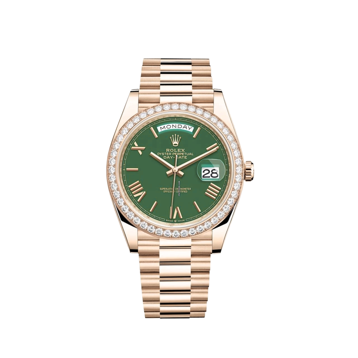 ROLEX DAY DATE 40 ROSE DIAMOND GREEN ROMAN DIAL