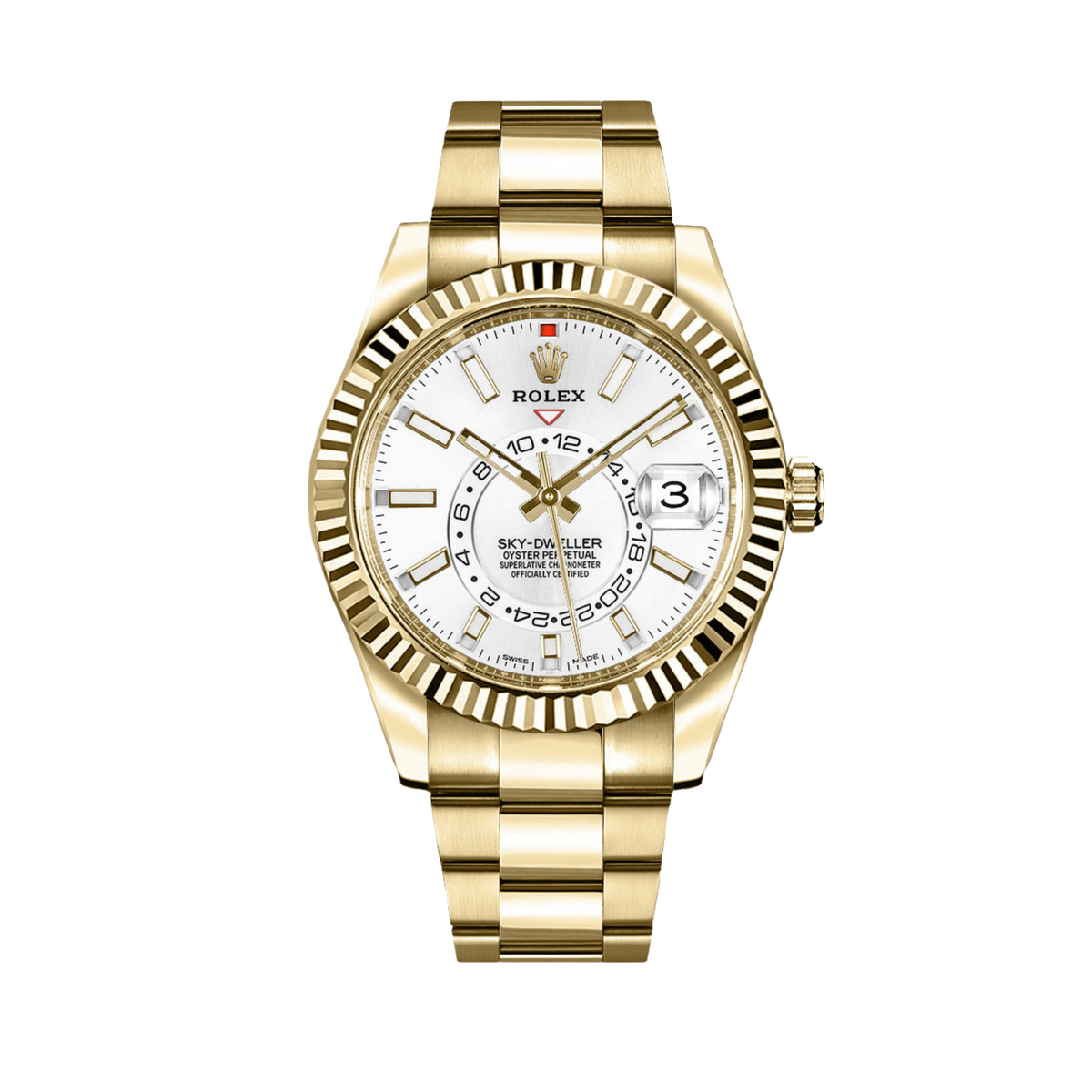 ROLEX SKY DWELLER YELLOW GOLD 42 WHITE BATON DIAL