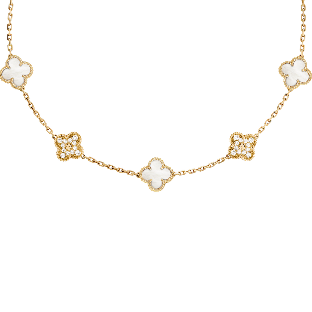 VAN CLEEF VINTAGE ALHAMBRA NECKLACE - GOLD/WHITE/DIAMANTE
