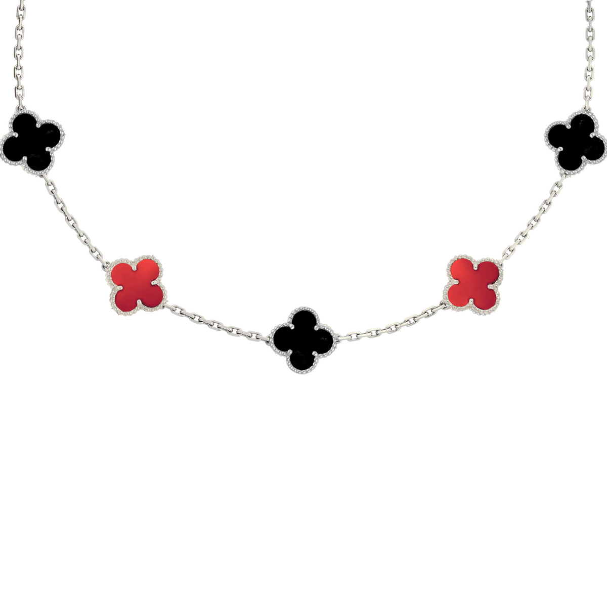 VAN CLEEF VINTAGE ALHAMBRA NECKLACE - SILVER/BLACK/RED