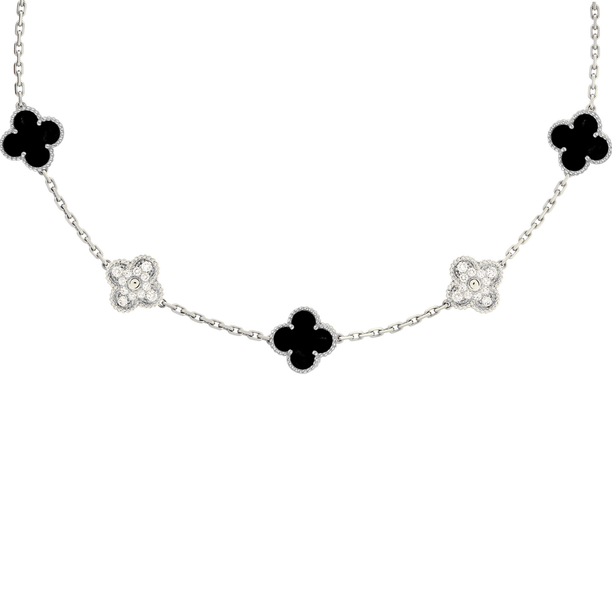 VAN CLEEF VINTAGE ALHAMBRA NECKLACE - SILVER/BLACK/DIAMANTE